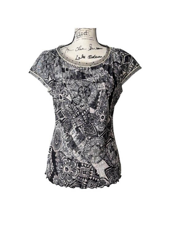 Anac Tops - Anac by Kimi Womens Size L Top Mesh Y2K Black Gray Abstract Cap Sleeve Artsy